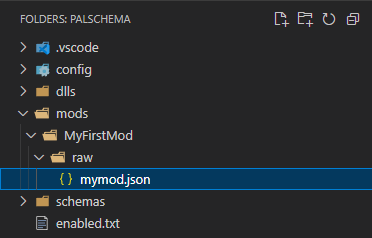 Image of the folder structure in vscode showing MyFirstMod and raw folders with mymod.json in the raw folder
