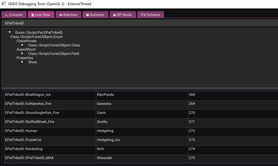 Live View search result with new enums showing up inside EPalTribeID
